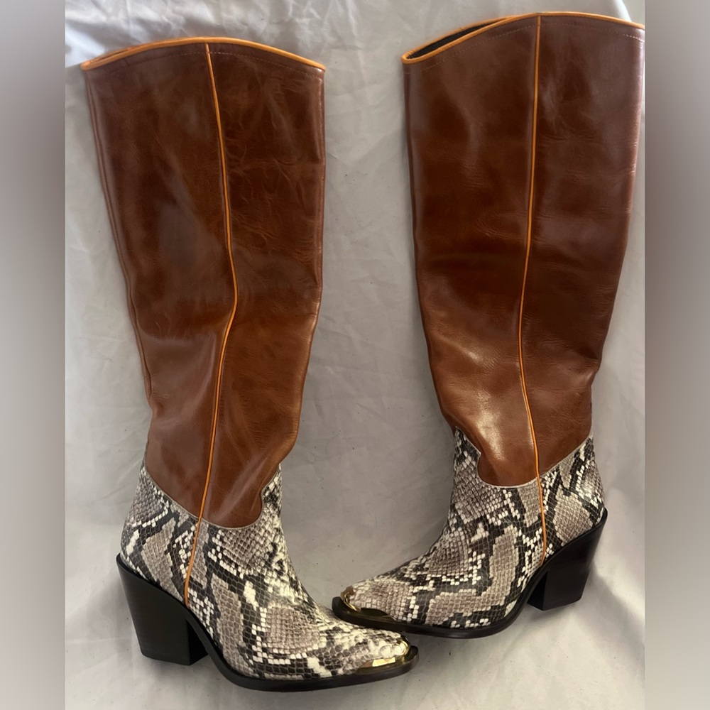 Tory Burch WESTERN KNEE HIGH PULL ON BROWN /
SNAKE Leather Boots 36.5 RARE - Picture 9 of 11